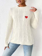 Cable-Knit Heart Round Neck Long Sleeve Sweater - Trendsi