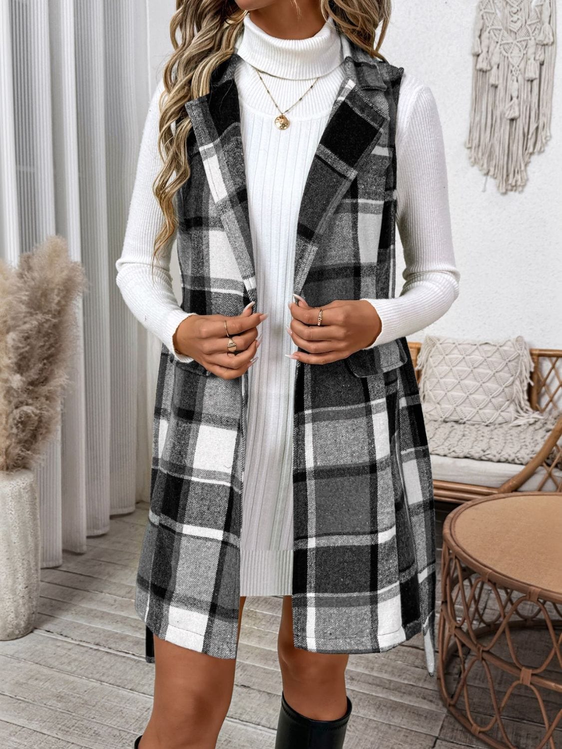 Perfee Tied Plaid Vest Coat - Trendsi