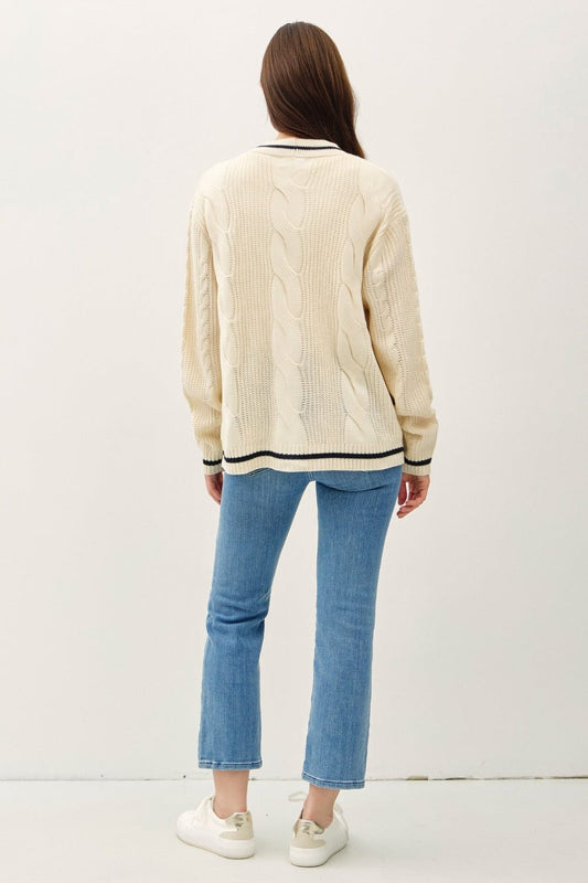 Be Cool Contrast Trim Cable-Knit V-Neck Cardigan - Trendsi