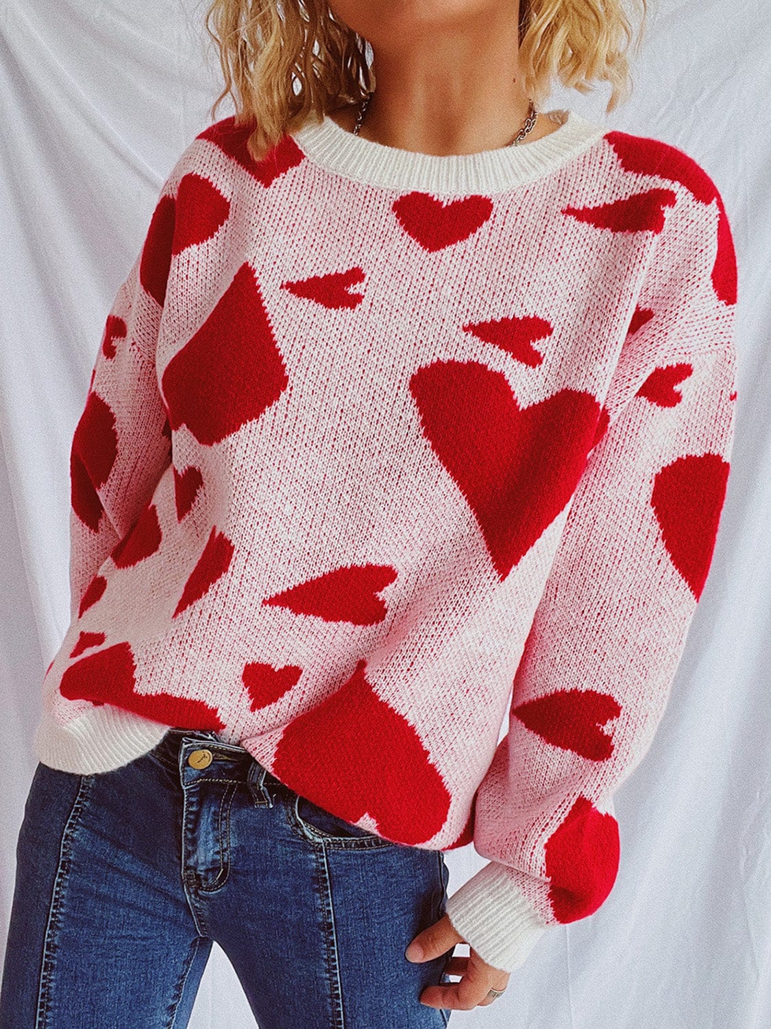 Heart Round Neck Long Sleeve Sweater - Trendsi