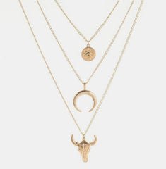 Alloy Three-Layered Bull Head Pendant Necklace - Trendsi