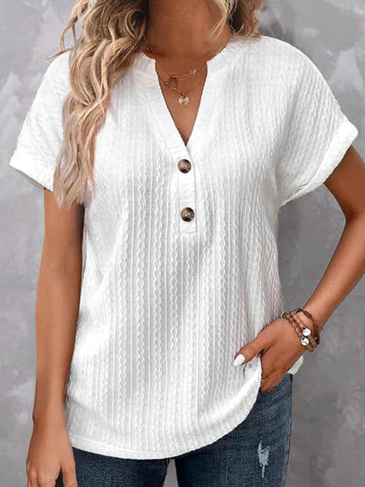 Textured Notched Short Sleeve Blouse Trendsi