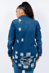 American Bazi Distressed Button Up Long Sleeve Denim Jacket - Trendsi