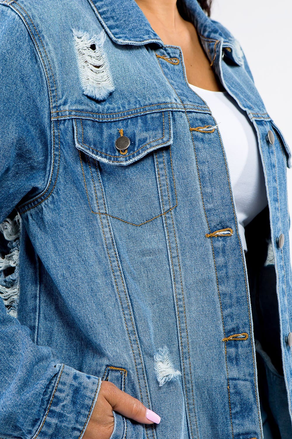 American Bazi Full Size Button Up Distressed Denim Jacket - Trendsi