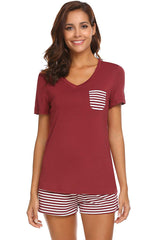 Striped Short Sleeve Top and Shorts Lounge Set - Flyclothing LLC