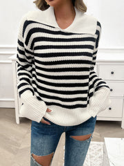 Striped Collared Neck Long Sleeve Sweater