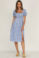 Full Size Slit Plaid Short Sleeve Midi Dress