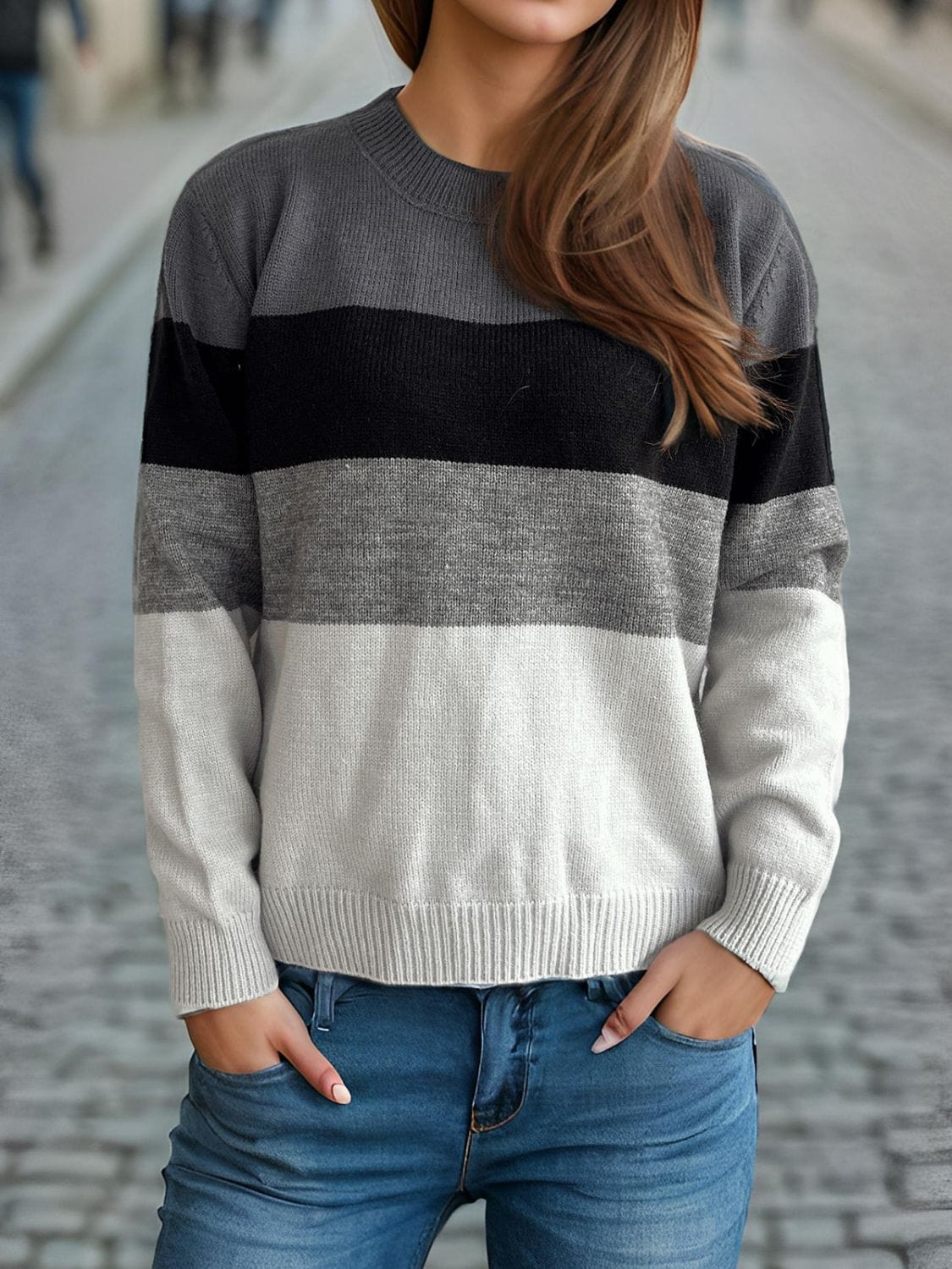 Color Block Round Neck Long Sleeve Sweater - Trendsi