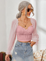 Mesh Sweetheart Neck Flounce Sleeve Top - Trendsi