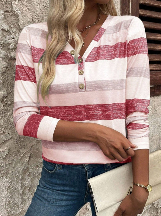 Contrast Striped V-Neck Long Sleeve T-Shirt - Trendsi