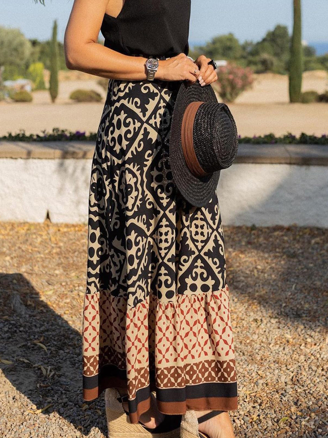 Geometric Elastic Waist Maxi Skirt Trendsi