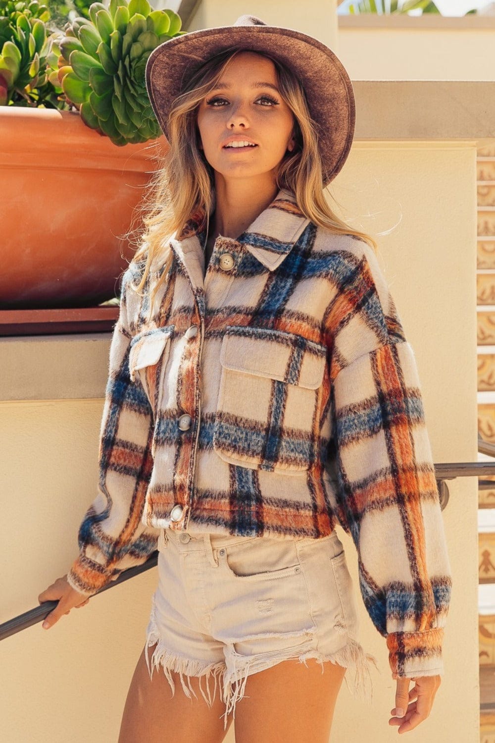 BiBi Brushed Plaid Crop Jacket with Pockets - Trendsi