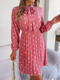 Polka Dot Tie Neck Pleated Dress - Flyclothing LLC