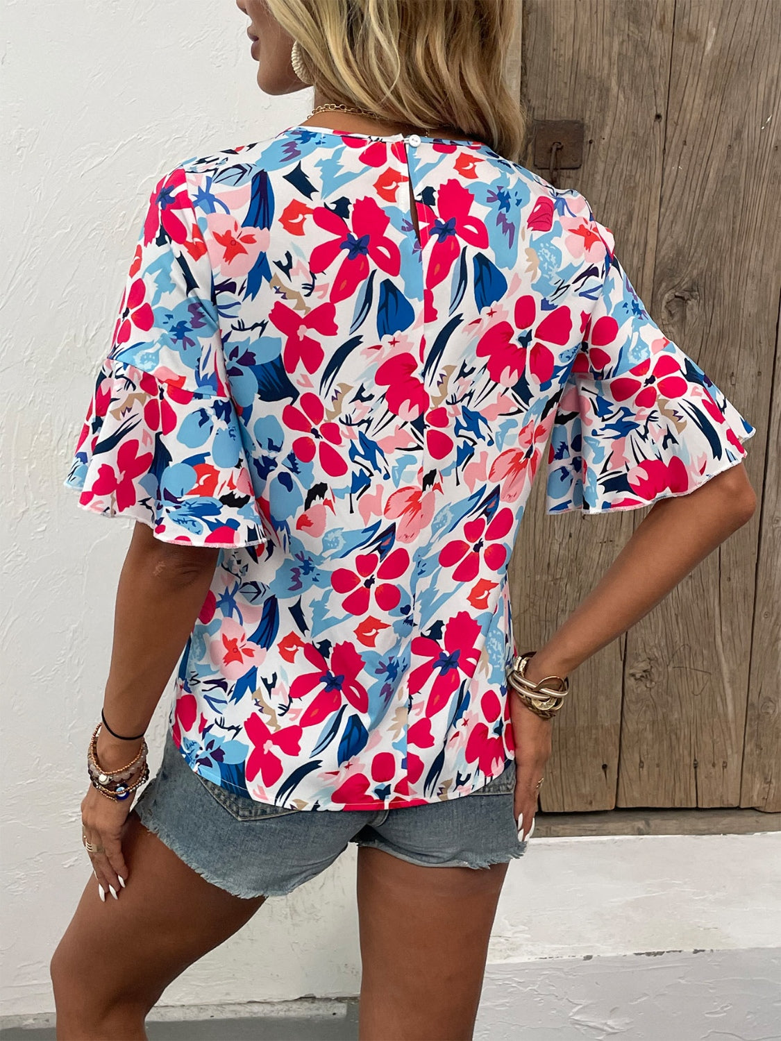 Printed Round Neck Flounce Sleeve Blouse Trendsi