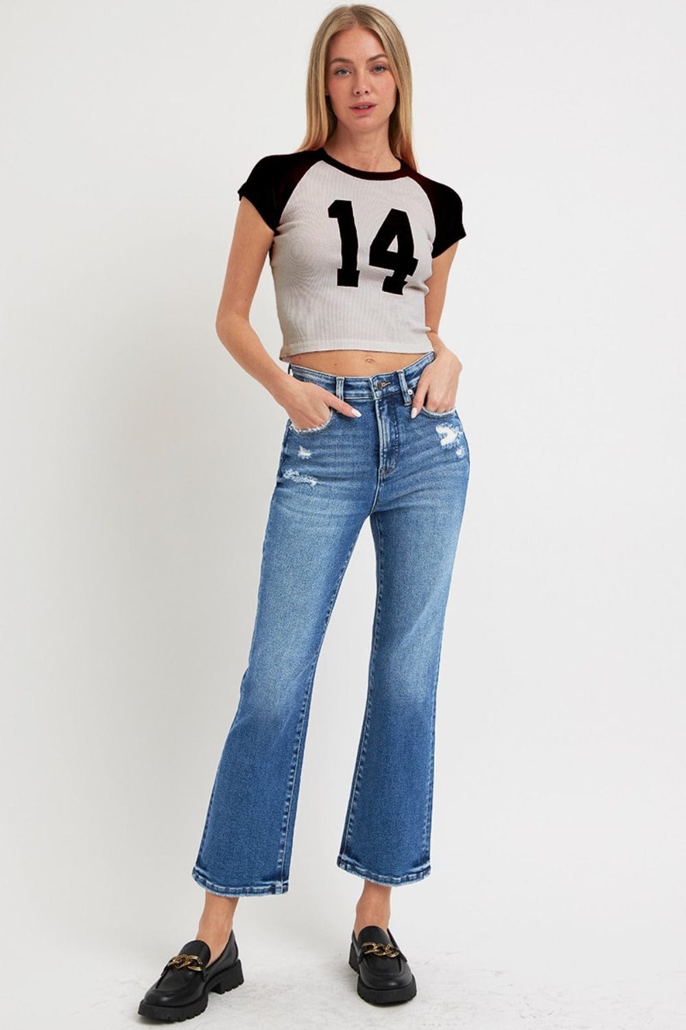 RISEN Full Size Tummy Control High Rise Crop Bootcut Jeans - Trendsi