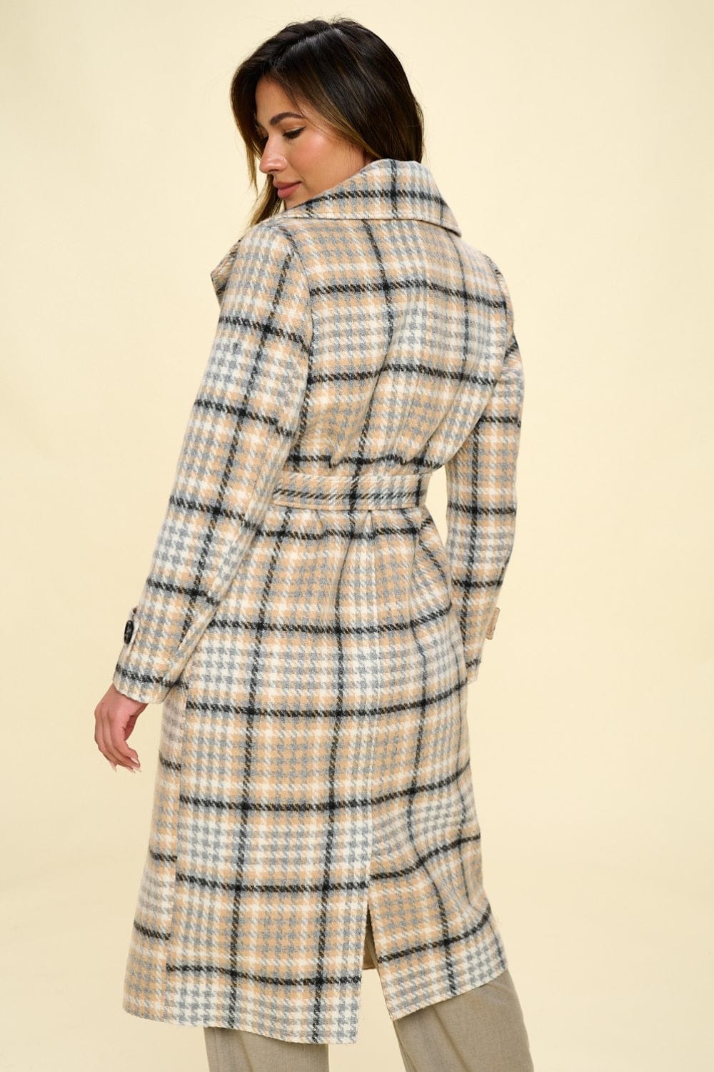 Coalition LA Double-Breasted Plaid Coat with Belt - Trendsi