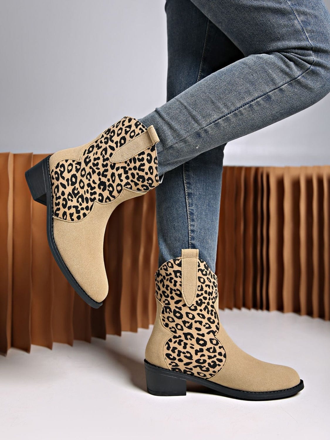 Leopard Suede Block Heel Boots - Trendsi