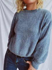 Round Neck Dropped Shoulder Long Sleeve Sweater - Trendsi