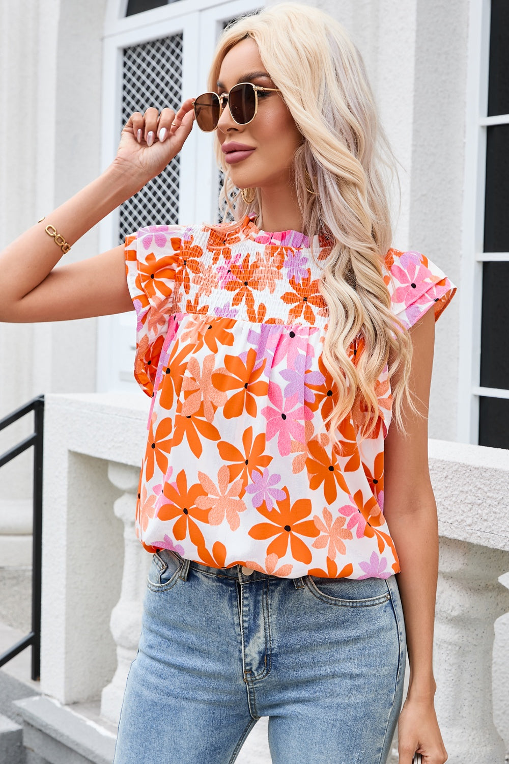 Printed Round Neck Cap Sleeve Blouse Trendsi