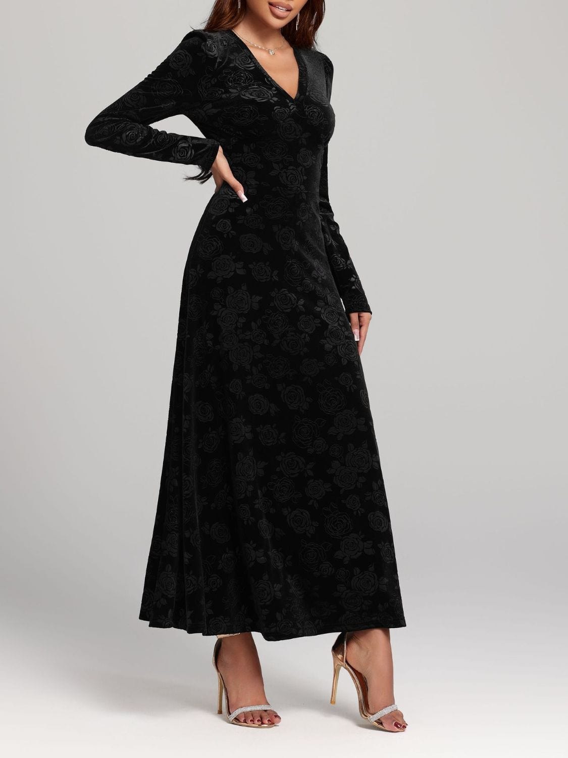 Rose Print V-Neck Long Sleeve Dress - Trendsi