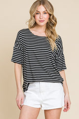 BOMBOM Striped Round Neck T-Shirt - Trendsi