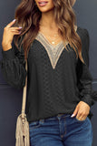 Eyelet V-Neck Long Sleeve Blouse - Flyclothing LLC