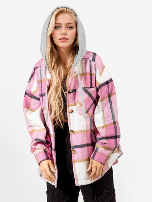 Drawstring Plaid Button Up Long Sleeve Outerwear - Trendsi