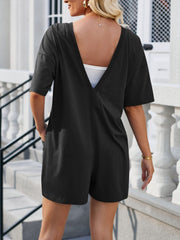 Backless Round Neck Half Sleeve Romper - Trendsi