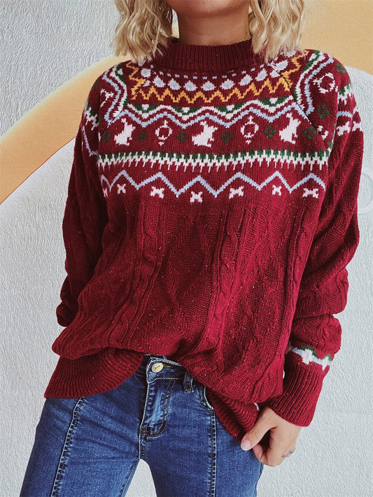 Cable-Knit Mock Neck Long Sleeve Sweater - Trendsi