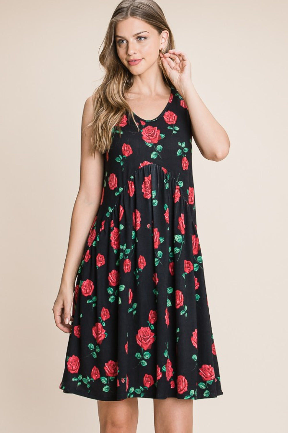 BOMBOM Floral Ruched Tank Dress - Flyclothing LLC