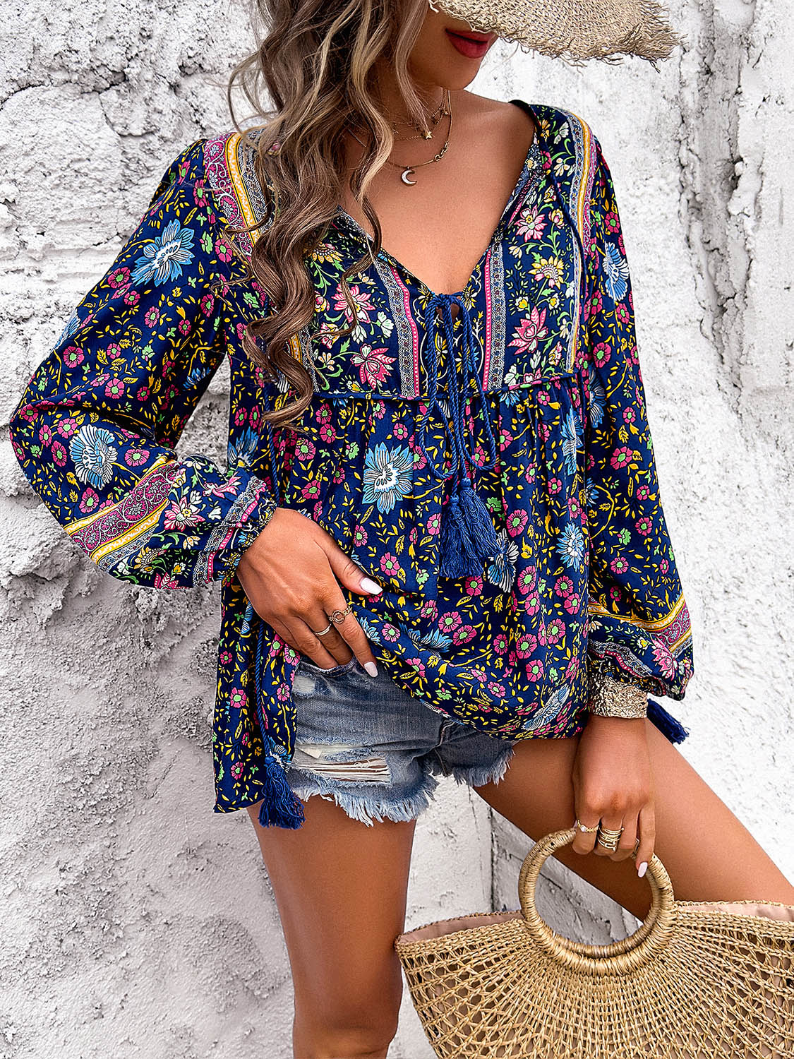 Printed Tie Neck Long Sleeve Blouse - Flyclothing LLC