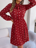 Polka Dot Tie Neck Pleated Dress - Flyclothing LLC