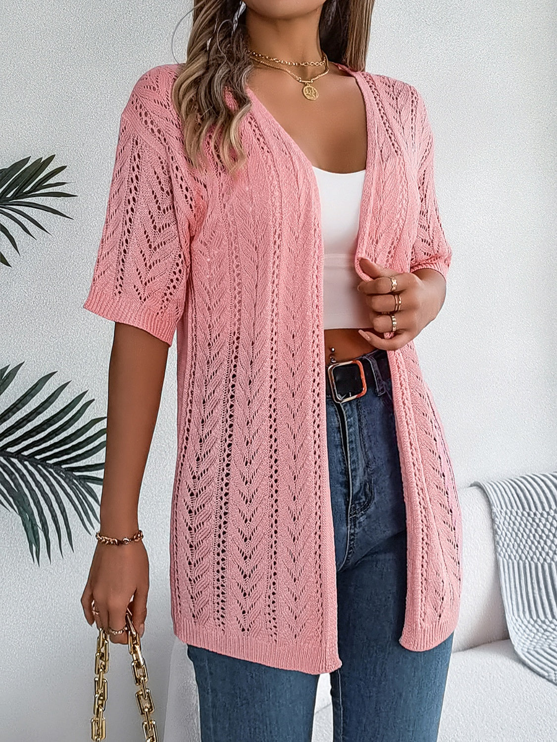 Openwork Open Front Half Sleeve Cardigan Trendsi