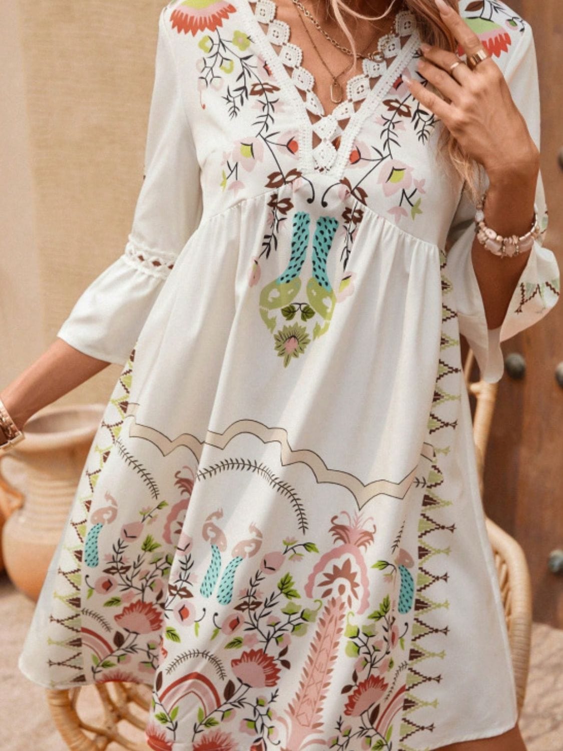 Lace Detail Printed Three-Quarter Sleeve Dress - Trendsi