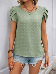 Perfee Swiss Dot Round Neck Petal Sleeve Blouse - Trendsi