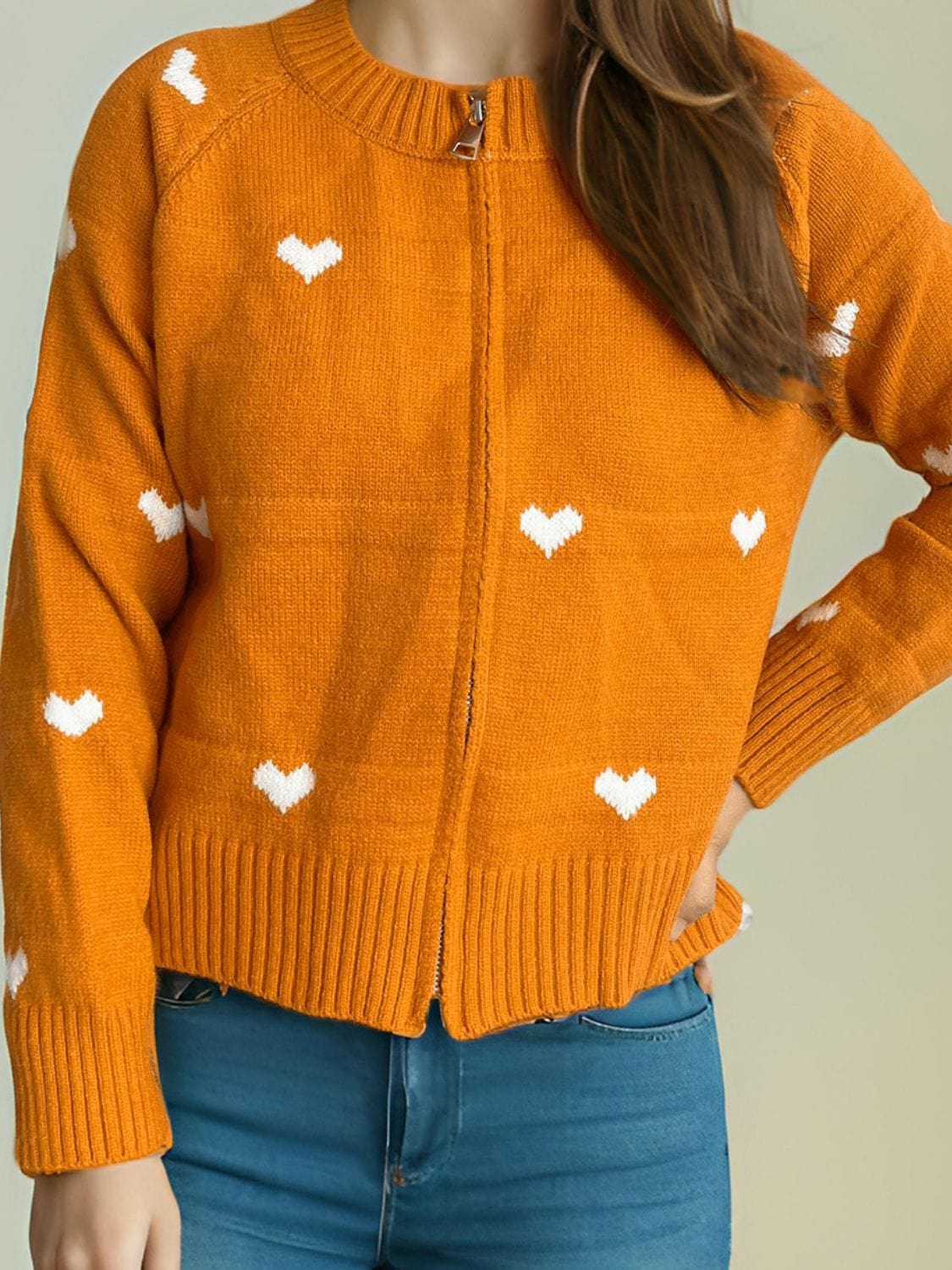 Heart Round Neck Zip Up Cardigan - Trendsi