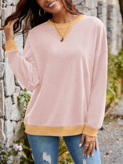 Contrast Round Neck Long Sleeve Sweatshirt - Trendsi