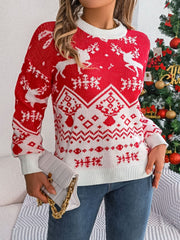 Christmas Element Round Neck Long Sleeve Sweater - Trendsi