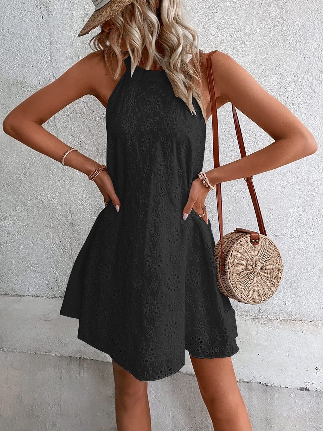 Eyelet Grecian Neck Mini Dress - Trendsi