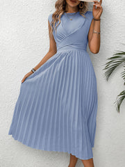 Pleated Round Neck Cap Sleeve Dress - Trendsi