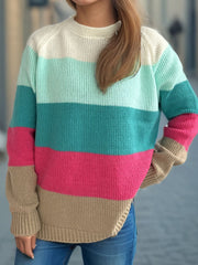 Color Block Round Neck Long Sleeve Sweater - Trendsi