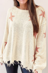 Contrast Star Raw Hem Long Sleeve Knit Top