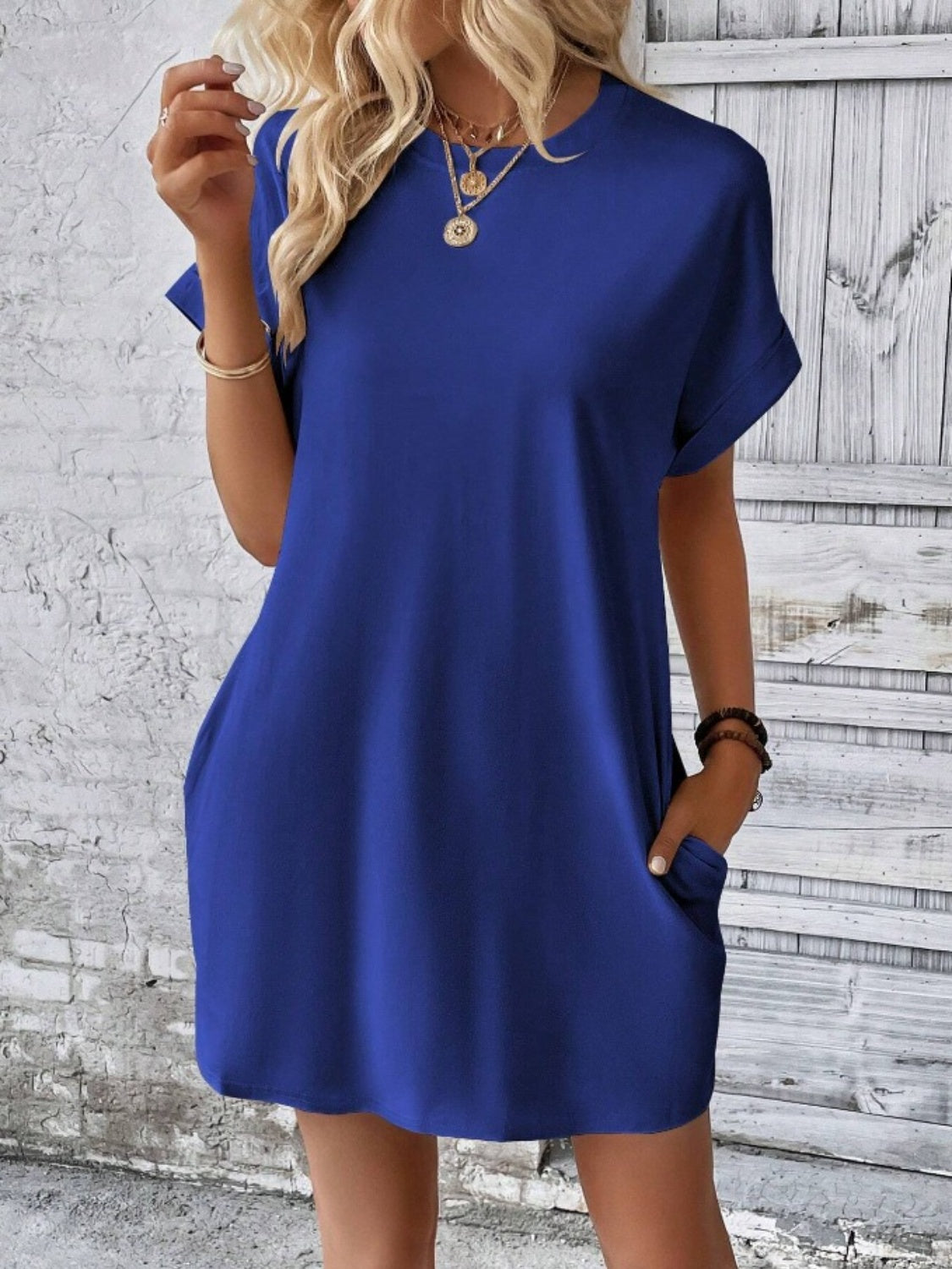 Pocketed Round Neck Short Sleeve Dress - Flyclothing LLC