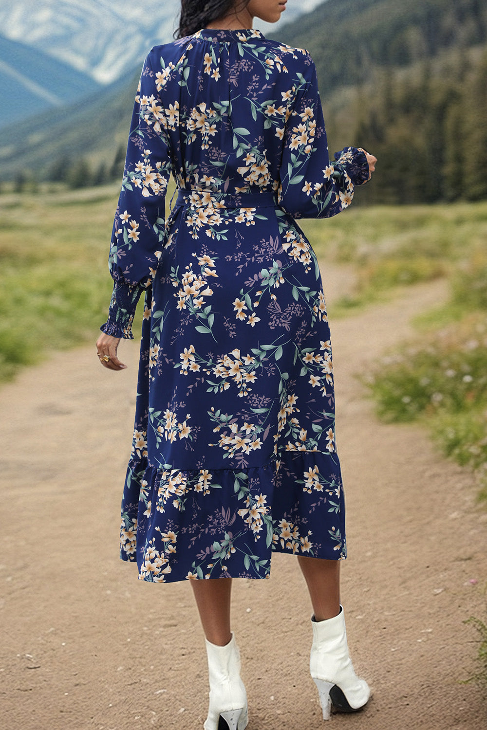 Printed Notched Lantern Sleeve Midi Dress - Flyclothing LLC