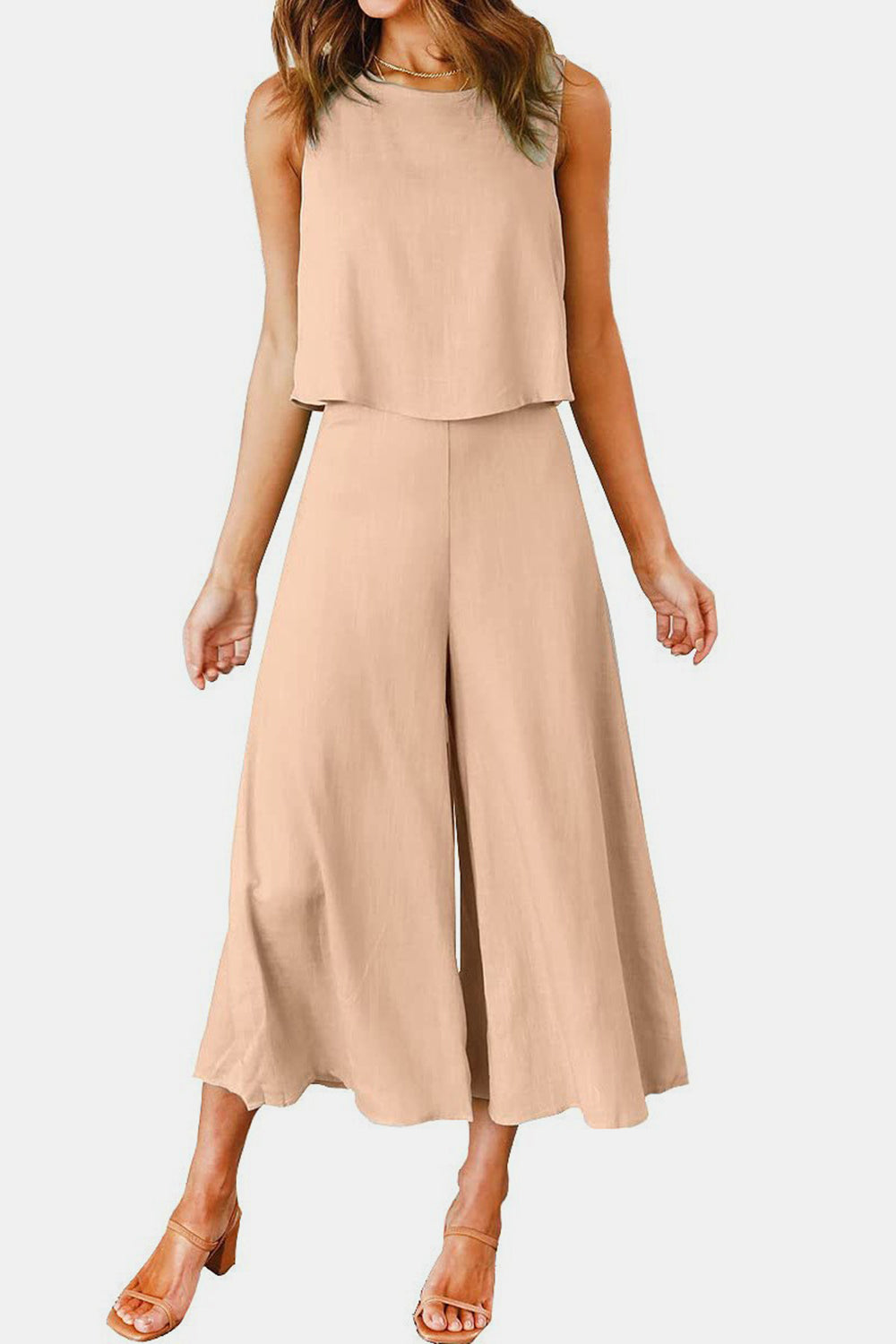 Round Neck Top and Wide Leg Pants Set Trendsi