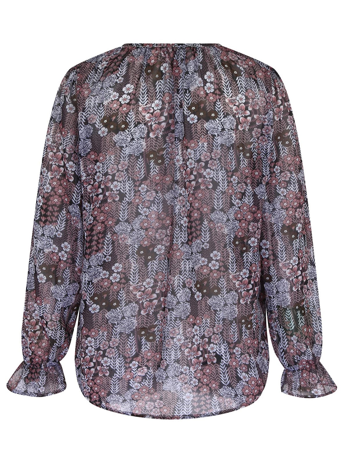 Printed Tie Neck Long Sleeve Blouse - Flyclothing LLC