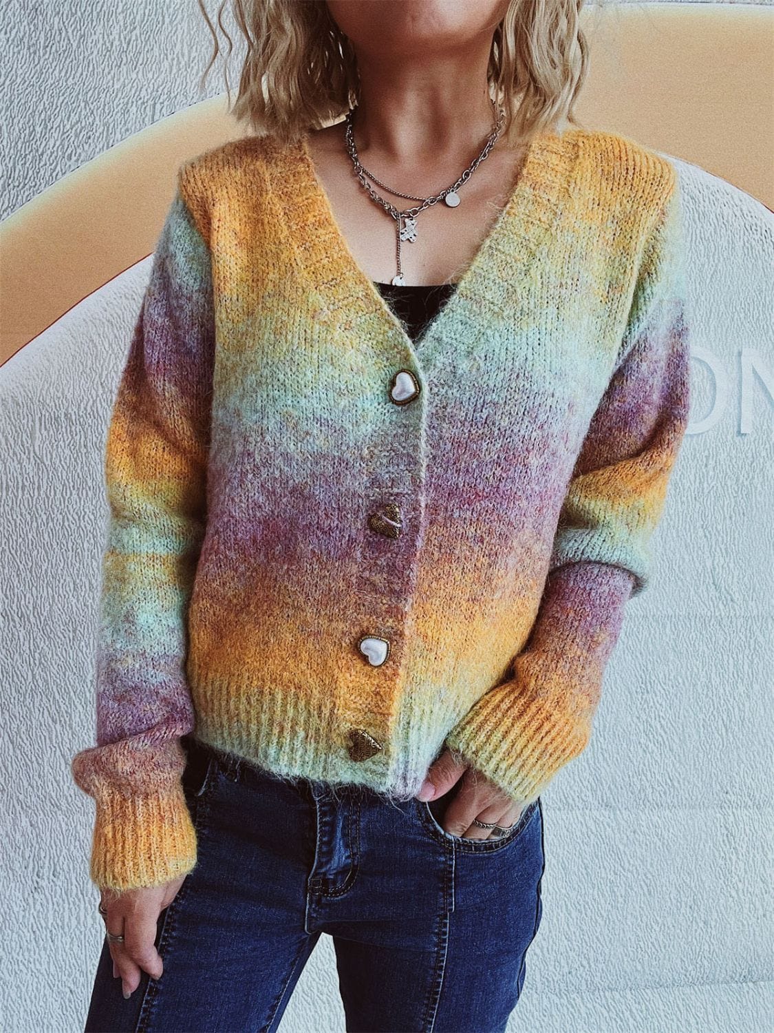 Gradient Heart Shape Button V-Neck Cardigan - Trendsi