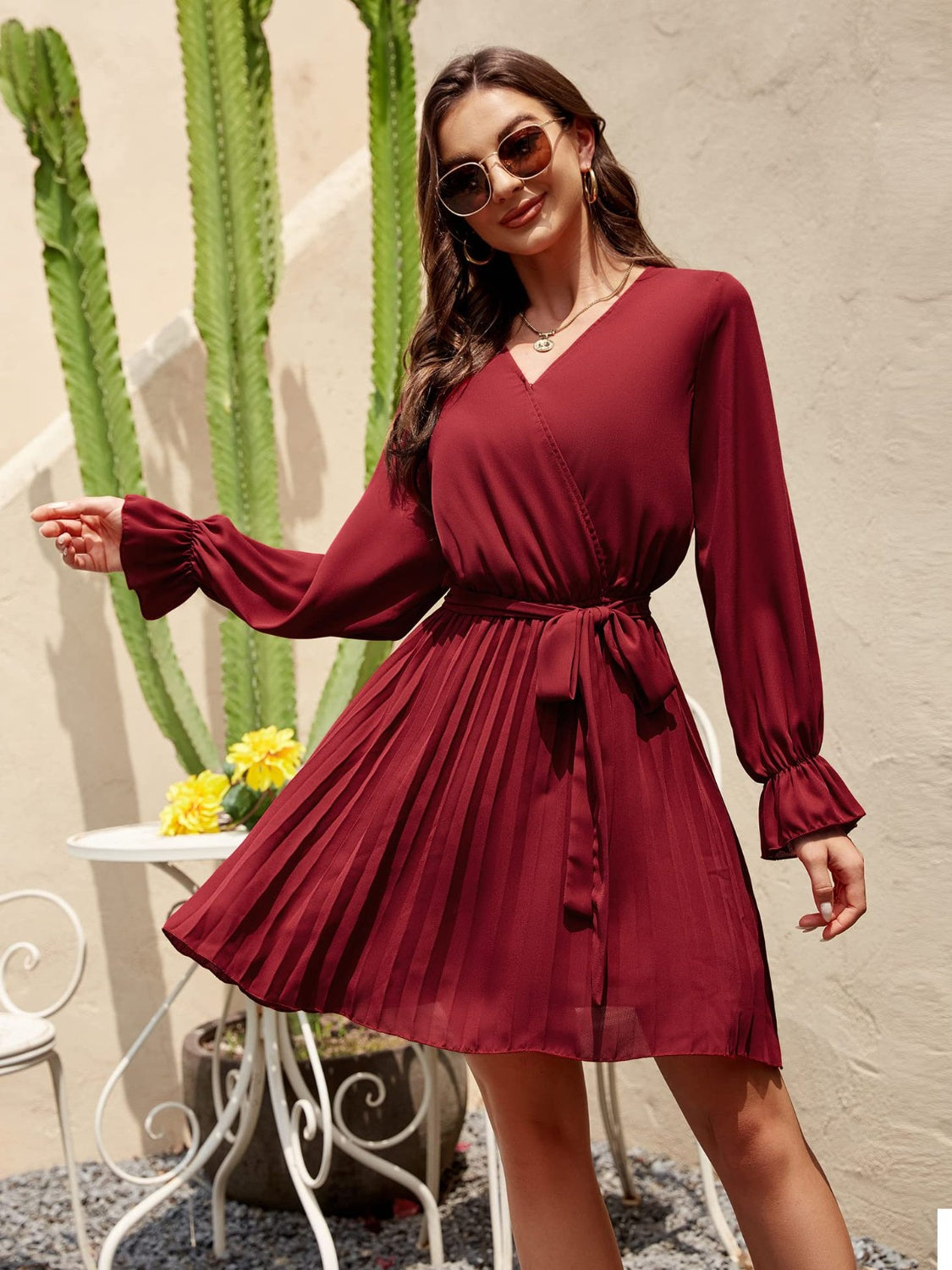 Surplice Flounce Sleeve Pleated Mini Dress - Flyclothing LLC