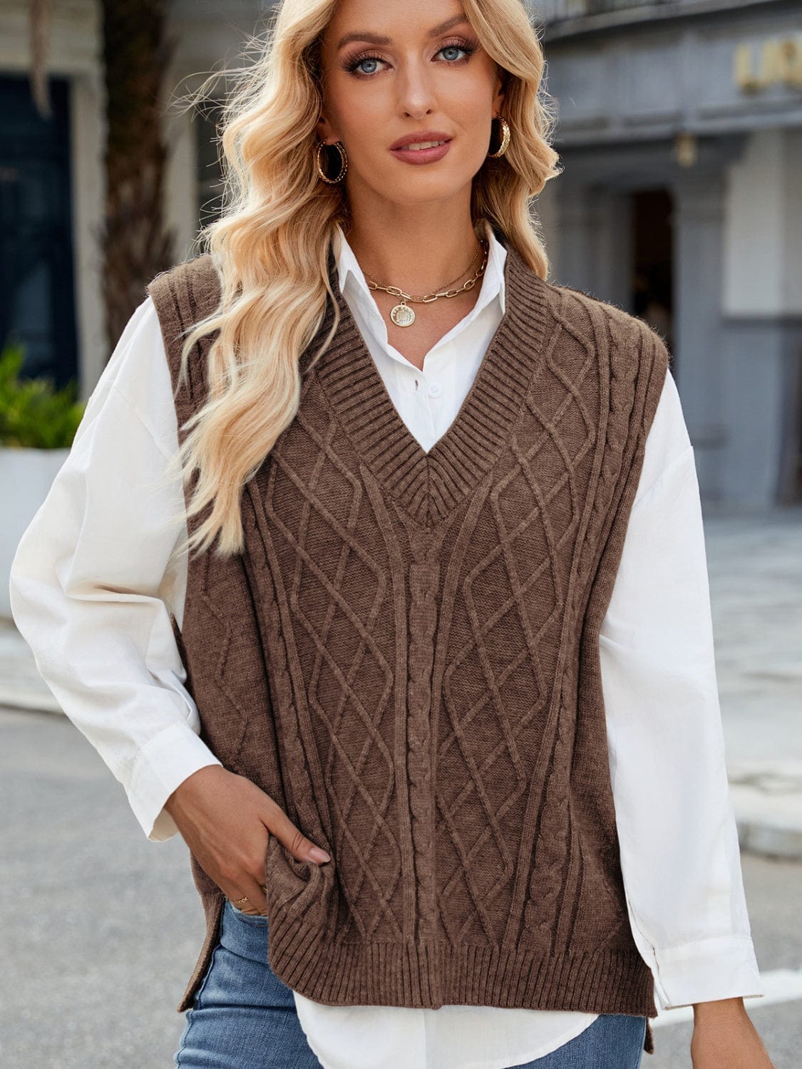 Cable Knit V-Neck Sweater Vest - Trendsi