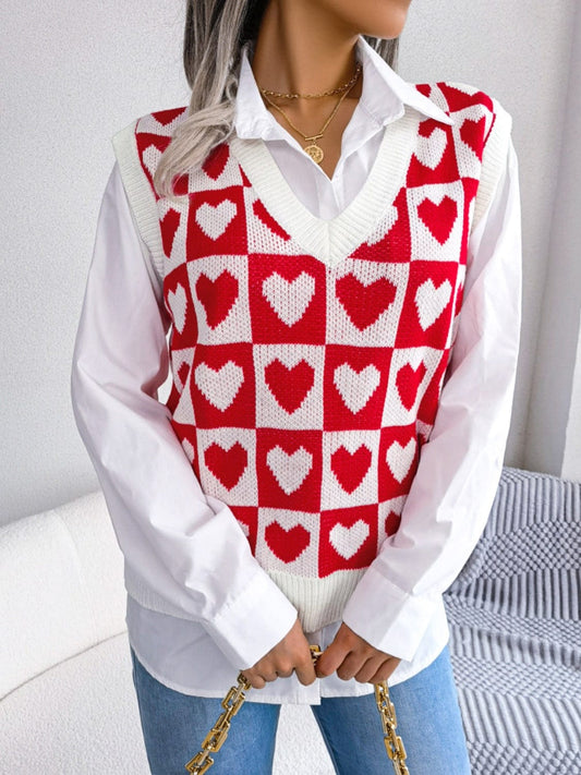 Heart V-Neck Sweater Vest - Trendsi